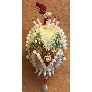 Vintage White Push Pin Foil Christmas Ornament Beads Gold Red Green 5"